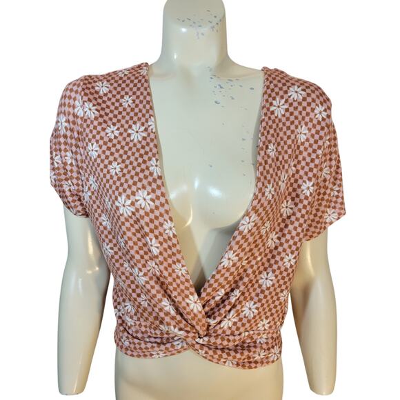 NWT SO Short Sleeve Crop Top Brown Daisy Check Twist Front Cropped Size XXL - Picture 1 of 9